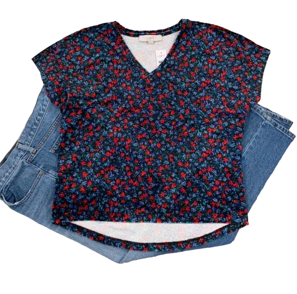 NWT LOFT Black Luxe Velvet W/Blue & Red Floral V-Neck Short Sleeve Top